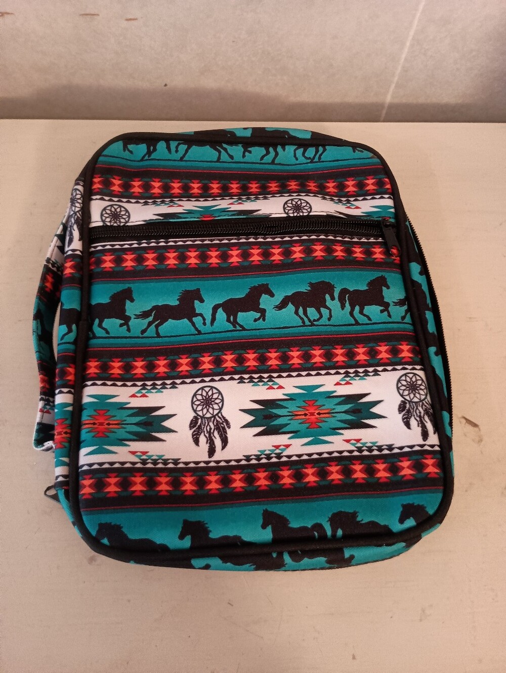 Bible Carrying Case With Handle -  Turquoise Aztec Horse Print